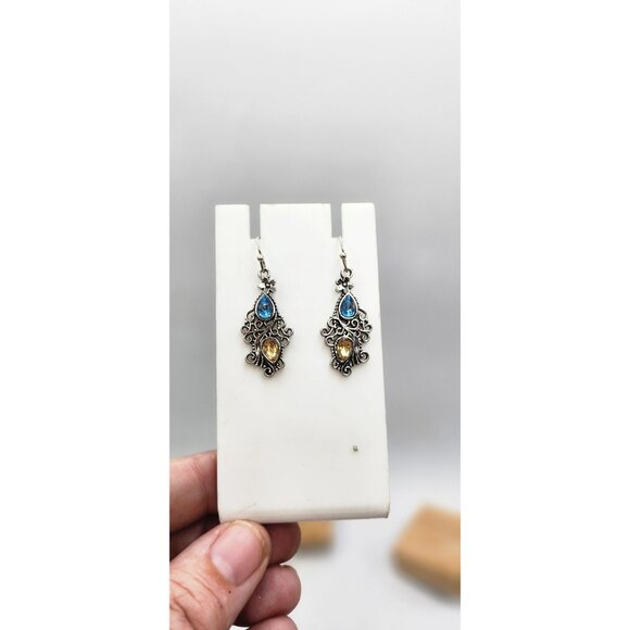 Silver Tone dangle earrings gems blue, and yellow , NWOT Xhilaration - Picture 3 of 3